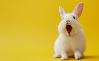Fototapeta premium Joyful Bunny: A White Fluffy Companion Spreading Smiles. Yellow Background. 