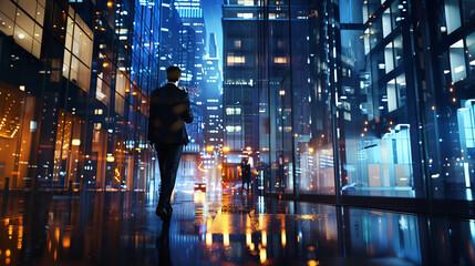 Fototapeta premium The illuminated office facade, which shows a businessman discussing important business issues on a mobile phone, symbolizes an active business life and a high level of business activity.