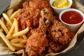 A basket of fried chicken and french fries with ketchup and mustard