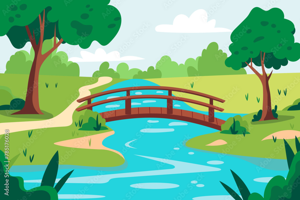 Wall mural wooden bridge in the park. beautiful park landscape with a bridge over the river, green meadows, gra