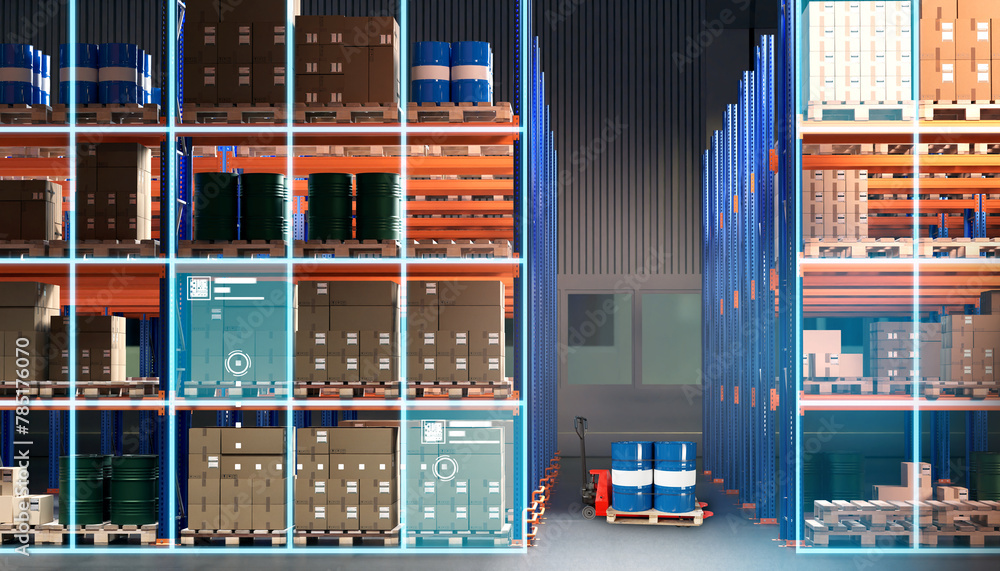 Poster logistics warehouse. distribution center interior. warehouse with machine vision system. warehouse w