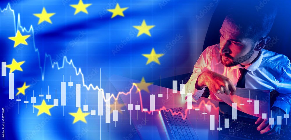 Poster man investor from eu. financial trader with european union flag. crisis chart. fall in eu gdp. analy