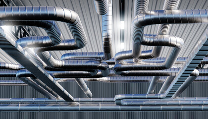 Industrial communications. Ventilation duct and lamps. Aluminum pipes under roof. Ventilation...