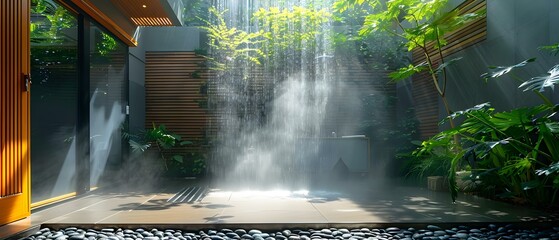 Patio Oasis: Minimalist Haven with Waterfall Feature. Concept Outdoor Living, Water Features, Minimalist Design, Patio Decor, Oasis Retreat