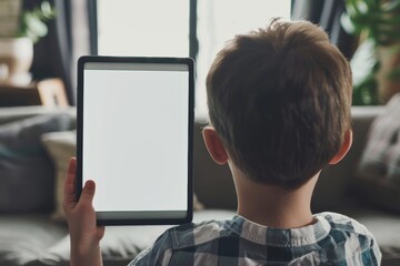 Device screen seen from a shoulder of a young boy holding a tablet with a fully white screen