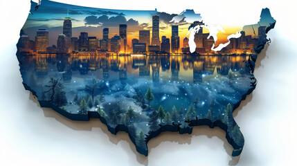 A 3D map of the United States with a city skyline reflected in the water