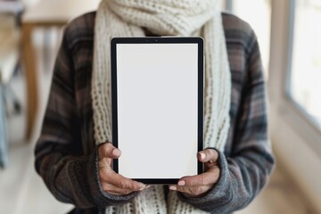 Application mockupover the shoulder shot of a mature woman holding a tablet with an entirely white screen