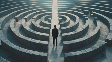 The image of a businessman standing in front of a maze reflects a willingness to compete and a desire to find the best strategies to succeed in a competitive environment.