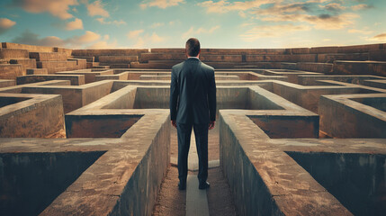 The scene with the businessman in front of the entrance to the maze illustrates the decision-making process and the search for optimal solutions in difficult and unpredictable situations of business  