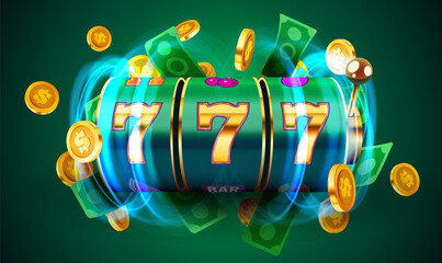 Naklejka premium Golden slot machine wins the jackpot. 777 Big win concept. Casino jackpot.