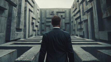A shot of a businessman in front of the entrance to the maze symbolizes a meeting with business obstacles that require decision-making and problem-solving skills. - obrazy, fototapety, plakaty