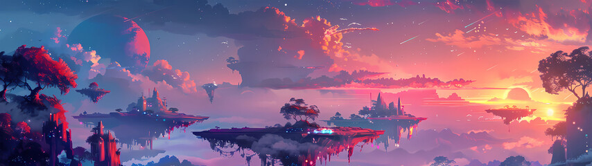 Twilight Reverie Floating Islands and Crimson Skies - obrazy, fototapety, plakaty
