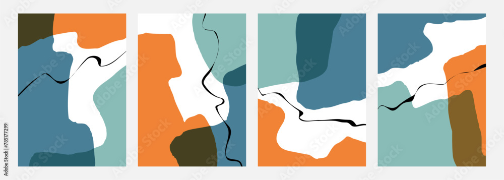 Poster abstract backgrounds with various curved bright colored shapes and black wavy lines for creative gra