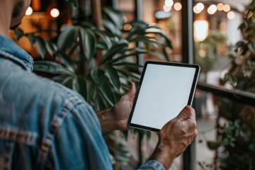 App demo near shoulder of a man holding a tablet with an entirely white screen