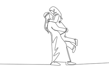 one line drawing of a young man hugging and lifting a young woman. both looked at each other's faces. happy smiling. men wear robes and turbans. women wear the hijab to cover their entire body.