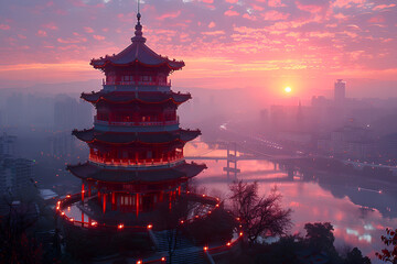Obraz premium chinese temple at sunset, Chongqing Hong Pavilion Sunset 
