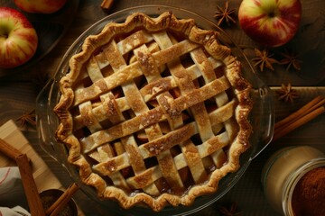 A pie with a lattice crust is sitting on a wooden table - Powered by Adobe