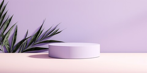 Lavender background with shadows of palm leaves on a lavender wall, an empty table top for product presentation. A mockup banner