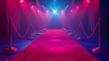 Red carpet entrance design for an award ceremony with stage lights and a highlighted center, depicting a winner's path - obrazy, fototapety, plakaty
