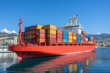 Fototapeta premium a cargo vessel with powerful lifting equipment navigating through serene waters