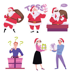 Secret Santa Claus with gifts bag delivers present, satisfied people with gifts box in hands, Merry christmas vector set