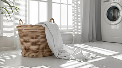 Serene laundry room with wicker basket and natural light.