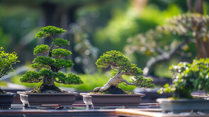 Coniferous bonsai trees for sale in a plant store. Business selling plants.