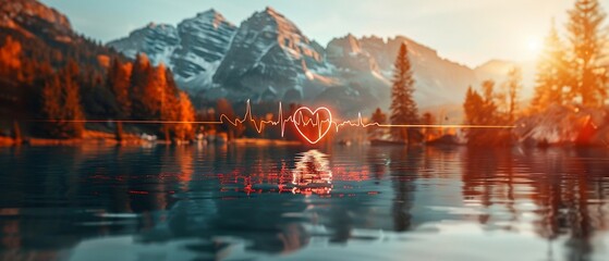 A double exposure of a heart with a healthy electrocardiogram line with a serene natural landscape, representing health goals and inner peace  Color Grading Complementary Color