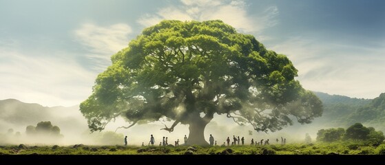 A double exposure of a robust oak tree in full leaf with a family gathered under its shade, representing family goals and the shelter provided  Color Grading Complementary Color