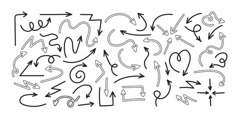 Black hand drawn arrows collection. Set of scribble arrows in lines, symbol. Simple vector illustration