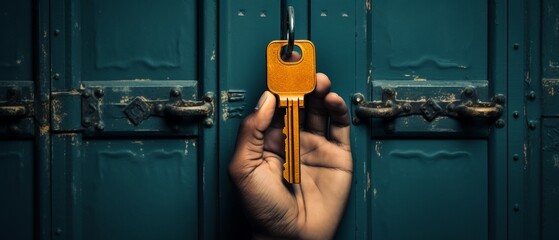 A visualization of a person holding a golden key with SelfRealization engraved on it, standing before a door marked Future  Color Grading Complementary Color