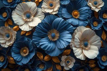  3D floral background with blue and white flowers, in the paper art style, with a dark navy and light beige color scheme. Created with Ai