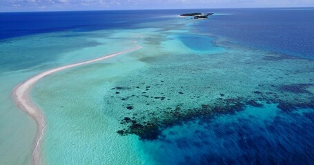 Aerial view of narrow sandbank in shallow turquoise ocean water in Asia