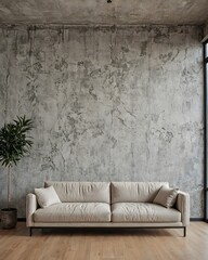 Modern interior design of living room with sofa and empty gray concrete wall. Spacious concrete living room in a modern minimalistic style.