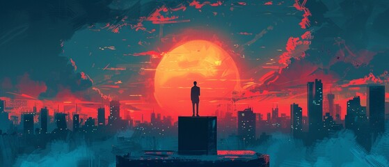 An illustration combining a figure standing at a podium receiving an award with a city skyline at dawn, symbolizing professional success and new beginnings  Color Grading Complementary Color - obrazy, fototapety, plakaty