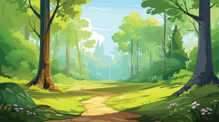 Footpath in green summer forest. Vector cartoon illustration