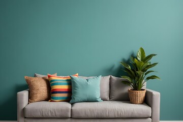 Contemporary living room with modular sectional sofa and potted flowers. Colorful and trendy living room design using green and turquoise accents, sofa, table, chairs, pillows.