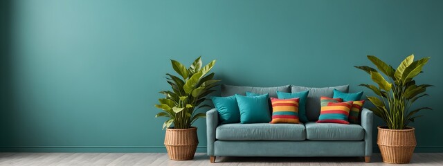 Contemporary living room with modular sectional sofa and potted flowers. Colorful and trendy living room design using green and turquoise accents, sofa, table, chairs, pillows.