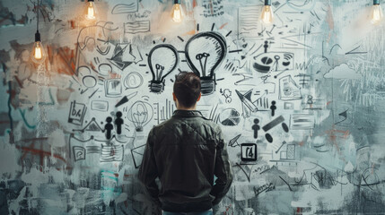 A person stands before a wall filled with artistic graffiti representing various creative ideas and...