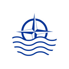 Logo Nautical. Símbolo rosa de los vientos con círculo lineal con olas de mar	 - 785180440
