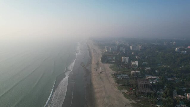 Aerial drone video of the southern coastal region of Bangladesh called the longest sea beach in the world, near Cox's Bazar