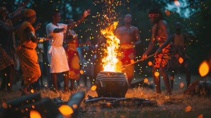 A group of individuals gathered around a fire pit, standing and conversing while enjoying the warmth of the fire - Powered by Adobe