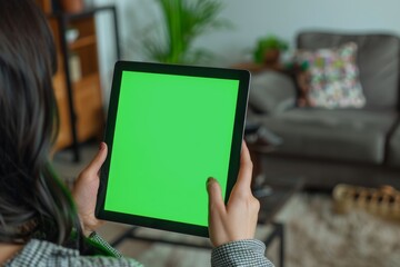 Digital mockup over a shoulder of a woman holding a tablet with a fully green screen