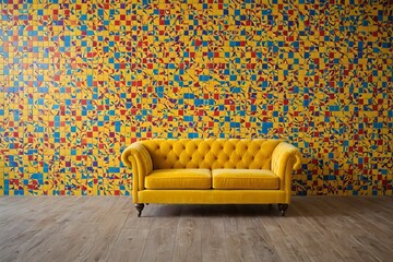 Yellow two-seater sofa on a background of colored ceramic tiles for home interior or ceramic tile design. Mid century interior design of modern living room