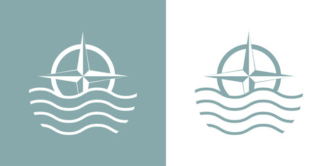 Logo Nautical. Símbolo rosa de los vientos con círculo lineal con olas de mar	 - 785180694