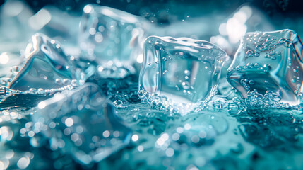 Transparent ice cubes, blue toned image. Chill backdrop.
