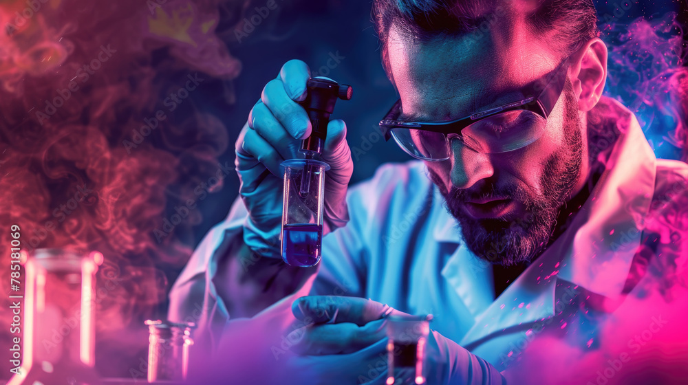 Poster mature man in a white lab coat stands holding a flask filled with a clear liquid in a laboratory set