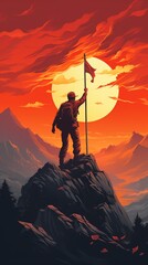 An illustration of a mountain climber planting a flag at the summit under a golden sun, symbolizing conquering personal challenges  Color Grading Complementary Color