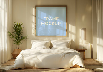 Warm Color Bedroom With Frame Mockup And Generative ai - obrazy, fototapety, plakaty