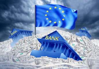 Crisis in European Union. Bank building in pile money. EU flag. Bank bankruptcy. Crisis risks in economy. Loss investment in EU financial market. Banking crisis. EU symbol under cloudy sky. 3d image